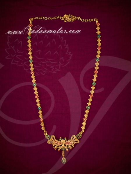 Peacock design pendent with multi color stones long necklace for saree salwar