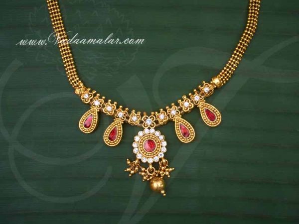 White with Red Color Stone Necklace Indian Design Short Necklaces Buy online