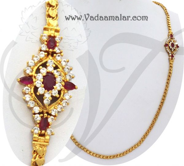 Traditional India Long Chain White and Ruby Stone Mugappu Side Pendants for Sarees 