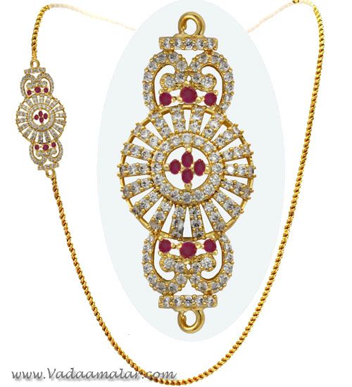 Traditional India Long Chain with American Diamond and Ruby Stone Mugappu Side Pendants for Sarees 