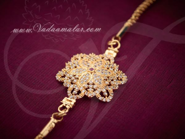 Traditional India Long Chain American Diamond Stone Mugappu Side Pendants for Sarees 