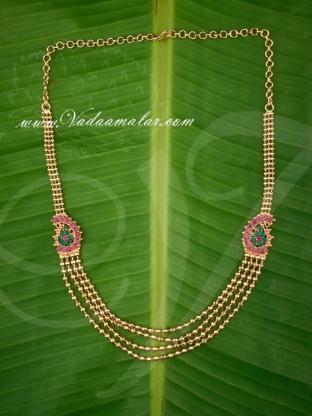 Gold Plated Double Side Ruby Emerald Stones Pendant Chain Mugappu for Sarees 