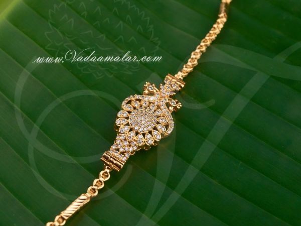 Gold Plated Peacock Design Side American Diamond Stones Pendant Chain Mugappu for Sarees 