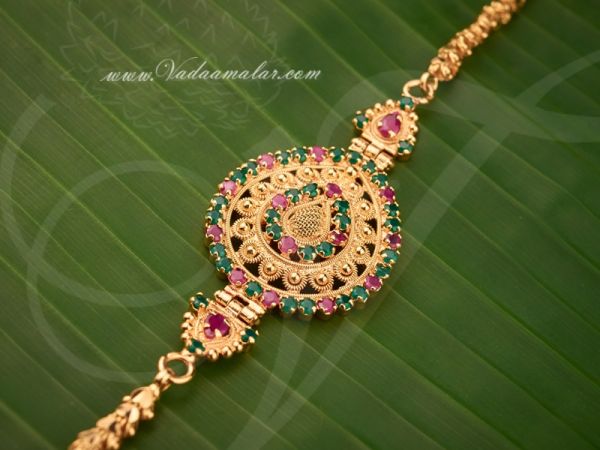 Mugappu designs for thali chains in Gold Ruby Emerald Mugappu Side Pendants for Sarees 