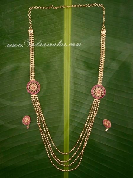 Gold Plated Double Side Ruby Stone Pendant Step Necklace Chain for Sarees 