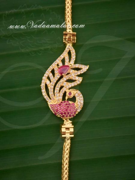Peacock Design AD and Ruby One Side Pendant Chain Mugappu for Sarees 