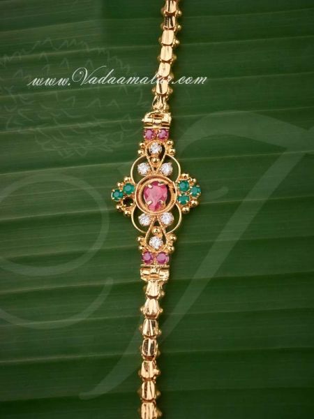  Ruby Emerald One Side Pendant Chain Mugappu for Sarees 