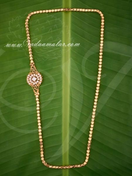 Long Thali Chain White Stone Mugappu Side Pendants for Sarees 