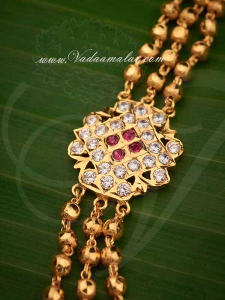 Traditional White With Pink Stone Mugappu Double Side Pendants chain for Sarees - Buy Now