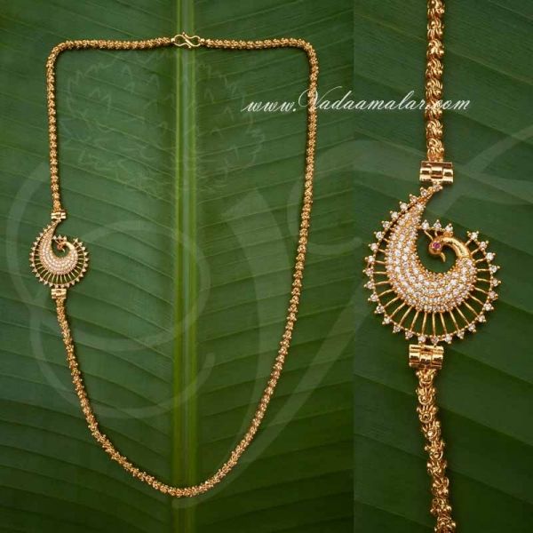 Peacock Design Rubby Mugappu Side Pendant with Long Chain for Saree Salwar