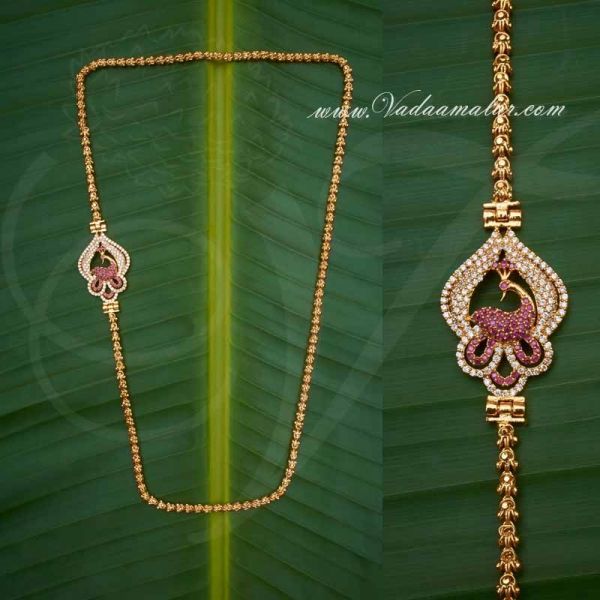 Traditional Design American Diamond And Ruby Stone Mugappu Side Pendant with Long Chain for Saree Salwar