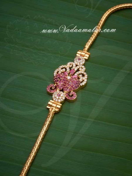 Traditional Design American Diamond And Ruby Stone Mugappu Side Pendant with Long Chain for Saree Salwar