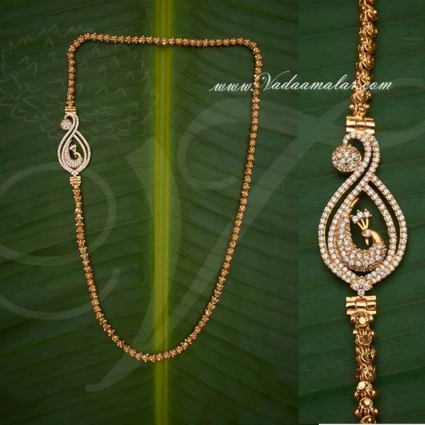 Peacock Design American Diamond Mugappu Side Pendant with Long Chain for Saree Salwar