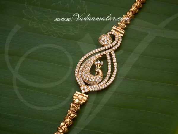 Peacock Design American Diamond Mugappu Side Pendant with Long Chain for Saree Salwar