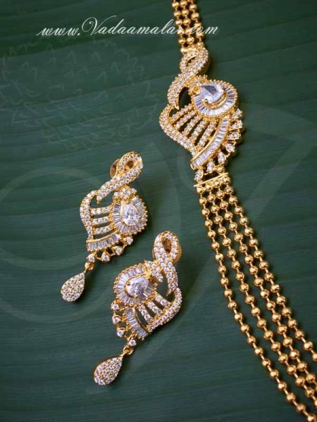 Gold Plated Side Pendant  American Diamond Stones Mugappu for Sarees 