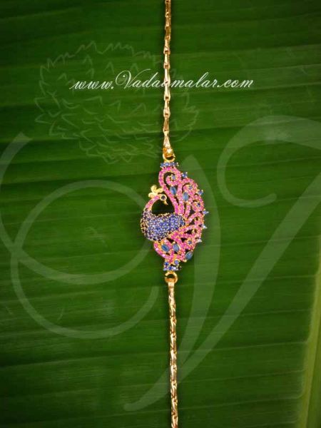 Peacock Design Ruby and Sapphire Stone Mugappu Side Pendant with Long Chain for Saree Salwar
