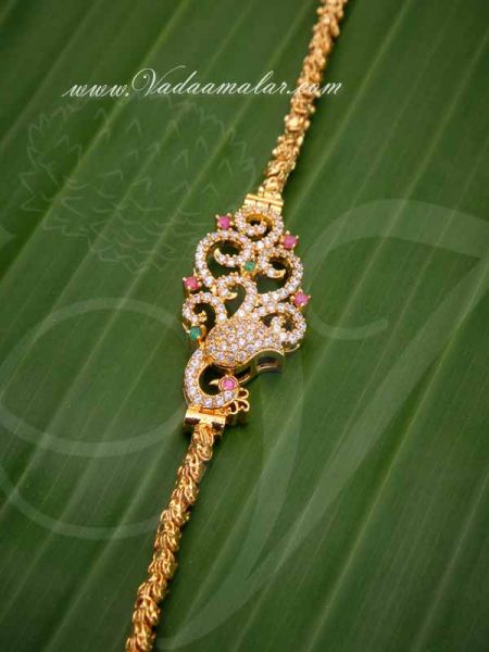 Peacock Design Ruby and Sapphire Stone Mugappu with Long Chain Buy Now