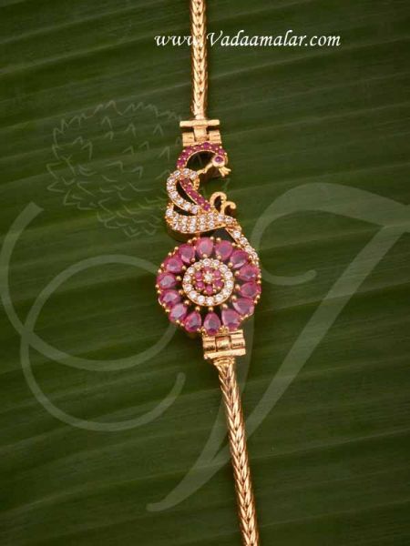 Mugappu Ruby Stones With Side Peacock design Pendant Long Chain Buy Now 