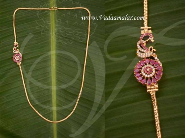 Mugappu Ruby Stones With Side Peacock design Pendant Long Chain Buy Now 