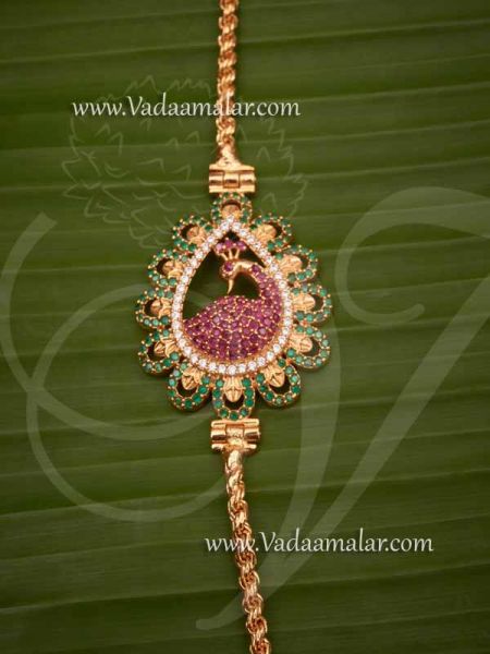 Mugappu American Diamond Ruby Emerald Stones Peacock design Long Chain Buy Now 