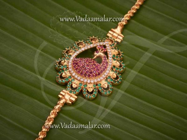 Mugappu American Diamond Ruby Emerald Stones Peacock design Long Chain Buy Now 