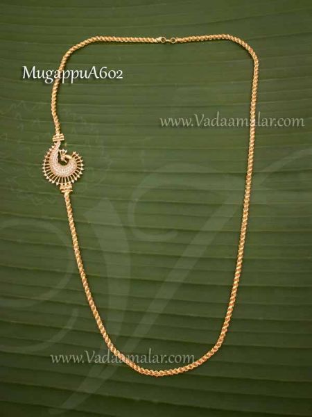 Mugappu AD Stones With Side Peacock design Pendant Long Chain Buy Now 