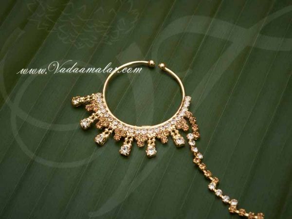 Bollywood Nose Ring White and Gold Stone Indian Nose Ring Nath Dance Ornaments buy now