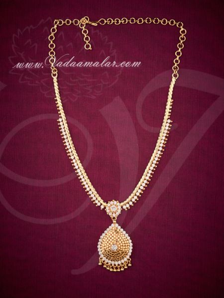 Traditional Gold Plated White Stone Pendant With Short Necklace