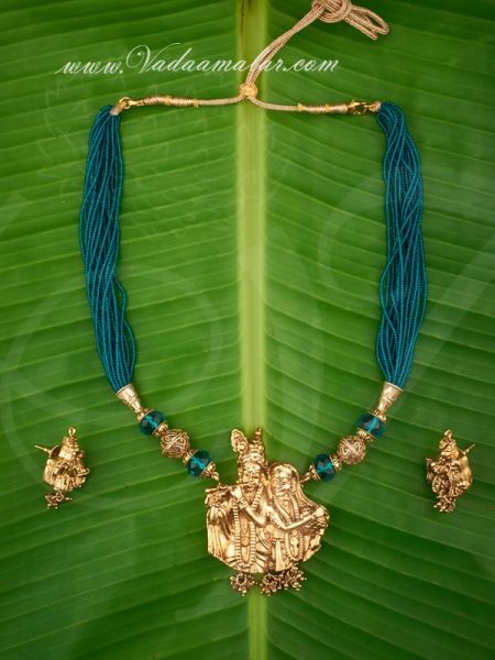 Lord Krishna & Radha Pendant with Beads Necklace and Earring Set for Saree 