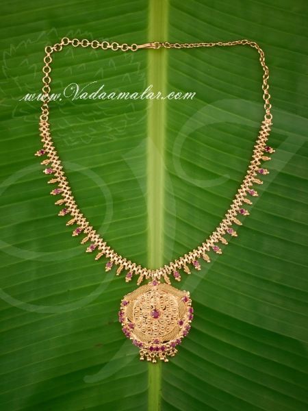 Traditional Gold Plated Ruby Stone Pendant With Short Necklace