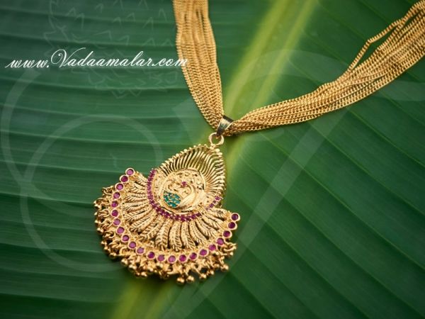 Traditional Gold Plated Ruby Emerald Stone Pendant With Short Necklace