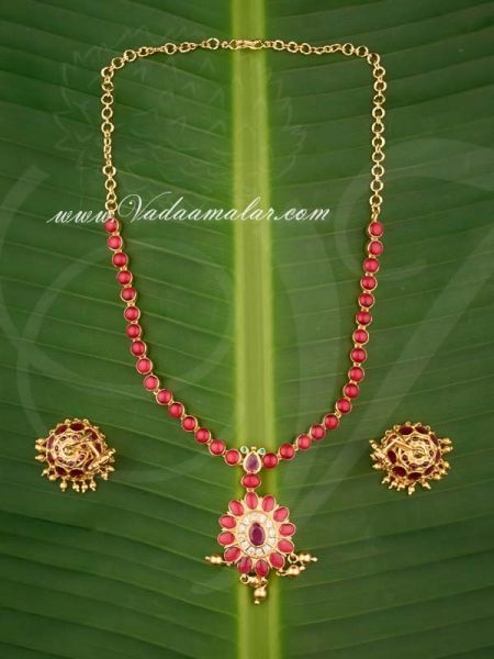 Gold Plated Red Color Stones Kerala India Design Addikai Necklace Buy Now