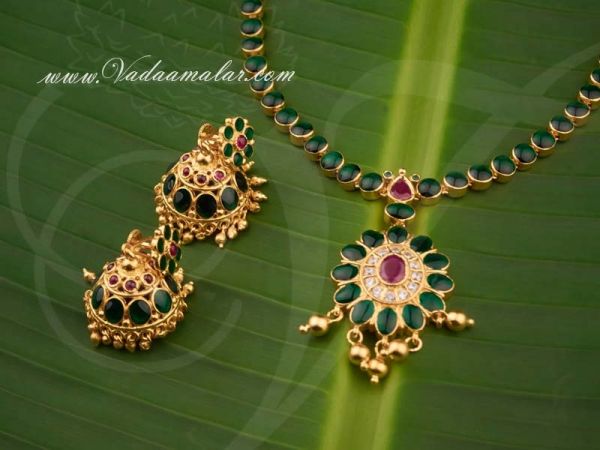 Gold plated Green Color Stones Kerala India Design Addikai Necklace Buy Now