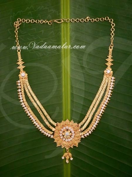 Gold plated 3 Step necklace American Diamond stones