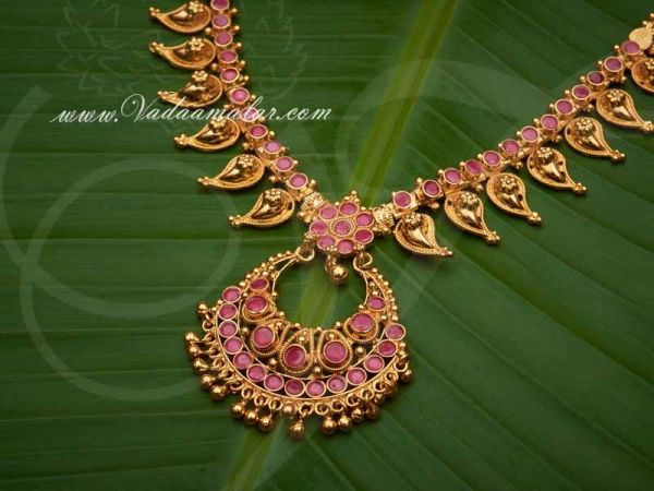 Gold Plated Ruby Stone Pendant Long Necklace for Sarees
