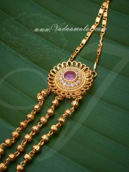 Trendy design American diamond and Ruby stone gold plated short necklace