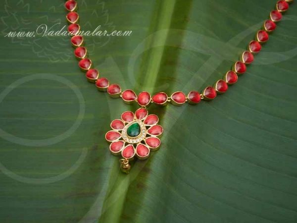 Gold Plated Red Color Stones Kerala India Design Addikai Necklace Buy Now