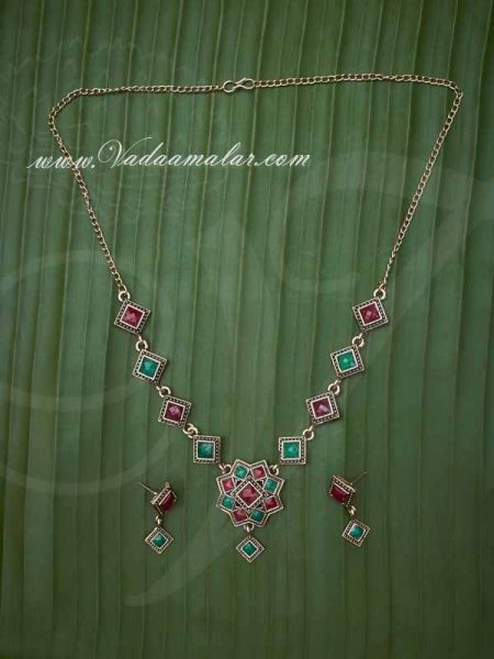 Oxidized German Silver Necklace With Earring Set Green and Red Stone for Women and Girls Buy