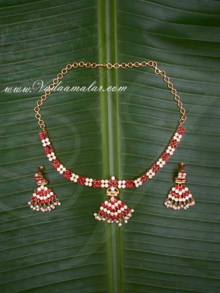 Elegant white and maroon stones Attikai ati closed neck necklace choker Indian jewelry ornament