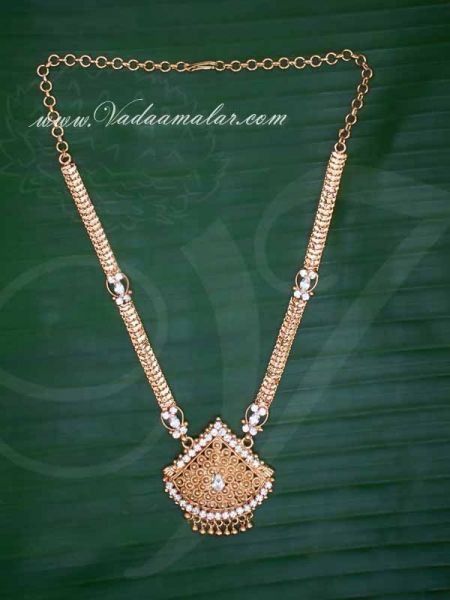 Gold Plated Necklace for Women American Diamond Stone Pendant With Short Chain buy now