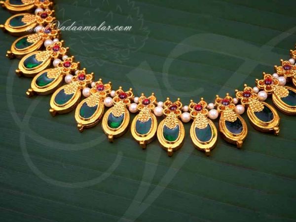 Gold Plated Choker Kerala Pearl Palakka Necklace With Green Enamel ...