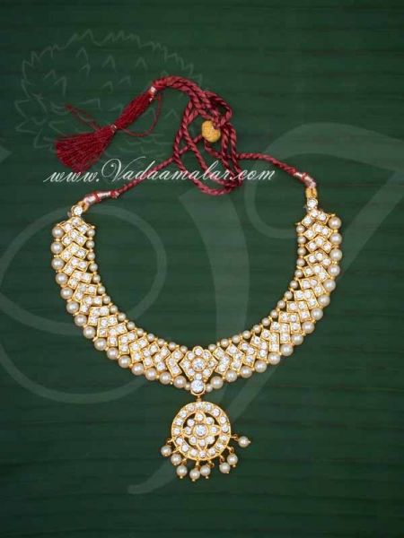 Sparkling White Stones Closed Neck Necklace Indian Jewellery Choker Ornament Buy 