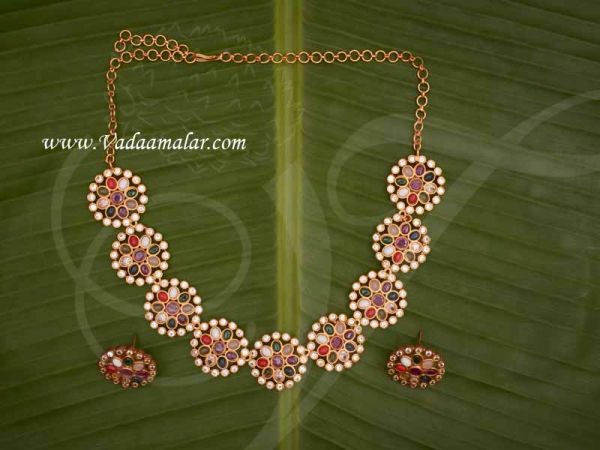 Navaratna Antique Choker Necklace With Matching Earring Set For Saree and Salwar Buy Now