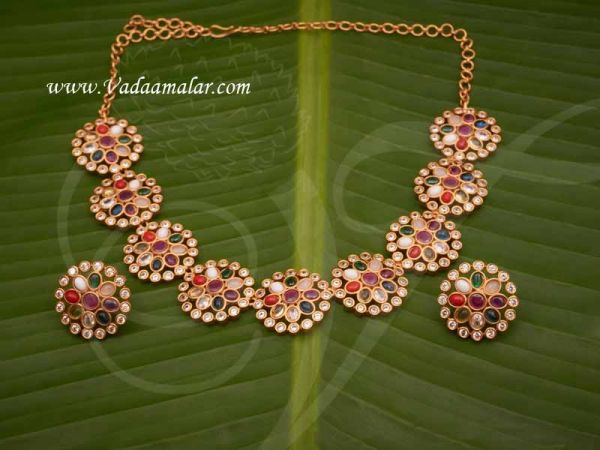 Navaratna Choker Necklace With Matching Earring Set For Saree and Salwar Buy Now