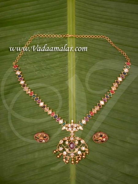 Navaratna Stone Necklace With Matching Earring Set For Saree and Salwar Buy Now