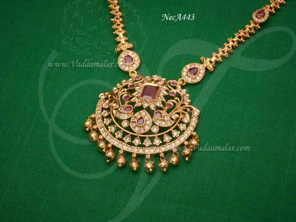 Necklace American Diamond and Ruby Emerald Pendant Haraam 8 inches