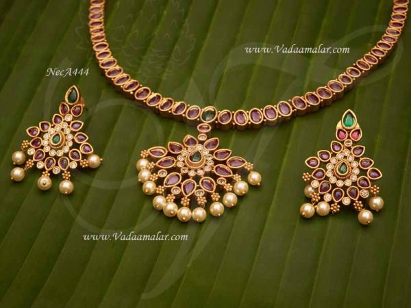 Necklace AD and Ruby Emerald Stone Pendant with Earring Set For Saree Salwar