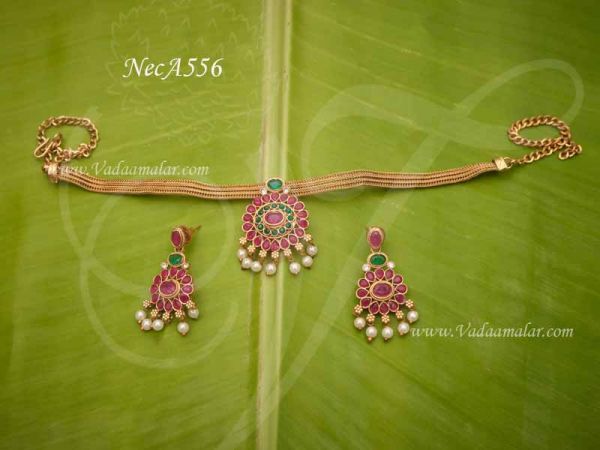 Flower Design Multi colour stone Choker Necklace With Matching Earrings For Sarees 4.5 Inches