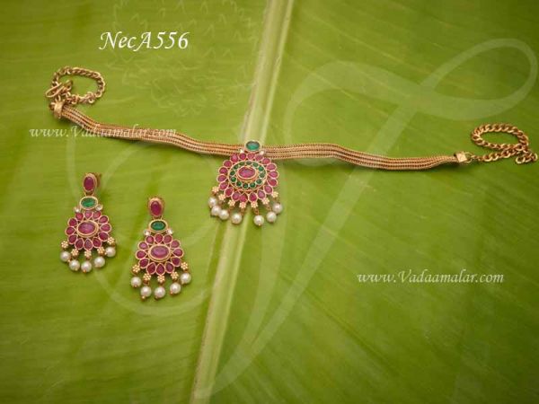 Flower Design Multi colour stone Choker Necklace With Matching Earrings For Sarees 4.5 Inches