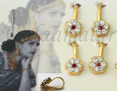 4 pieces Barathanatiyam nose pin stud flower white And Red  colour stones nose pins unpierced
